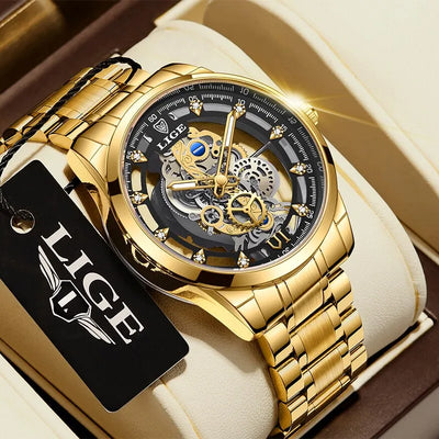 Montre Squelette Homme Lumineuse Or Noir