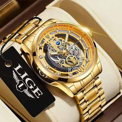 Montre Squelette Homme Lumineuse Or