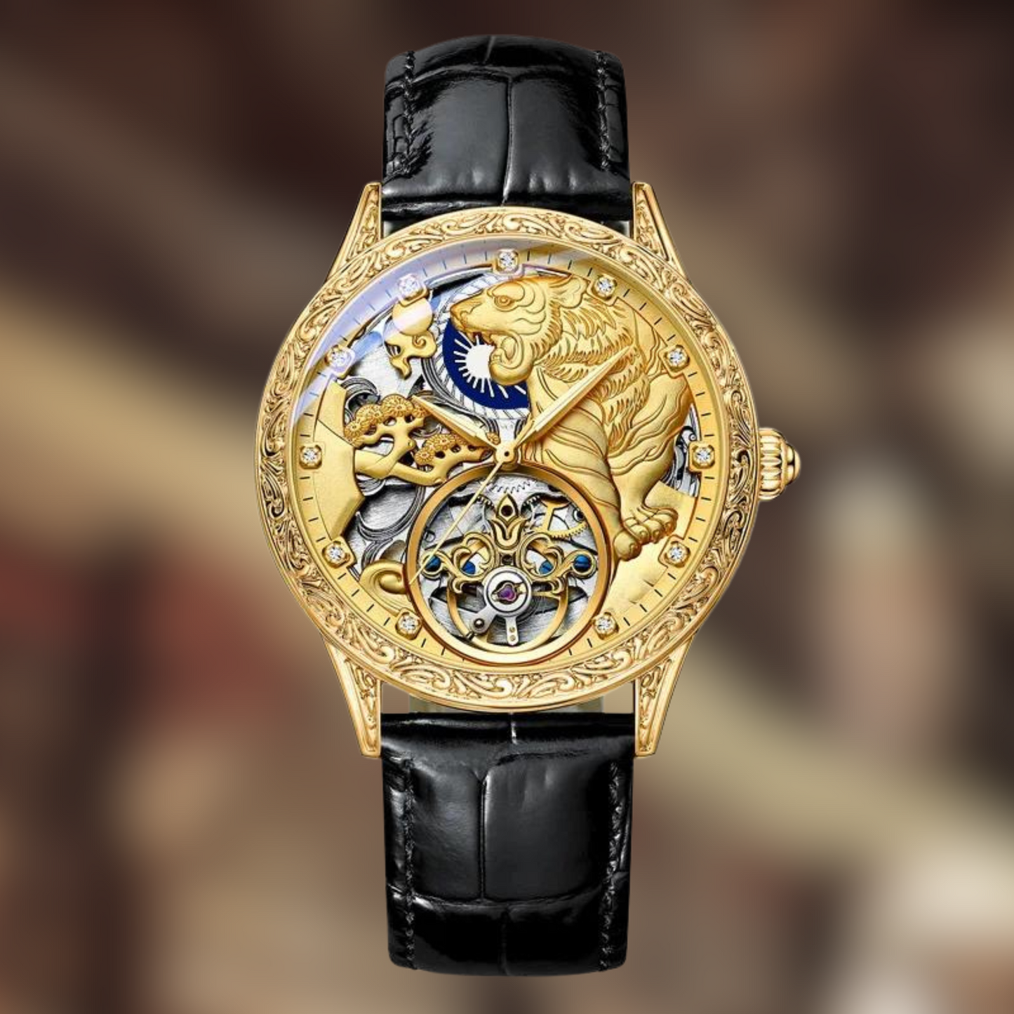 Montre Squelette Homme Tigre Doré