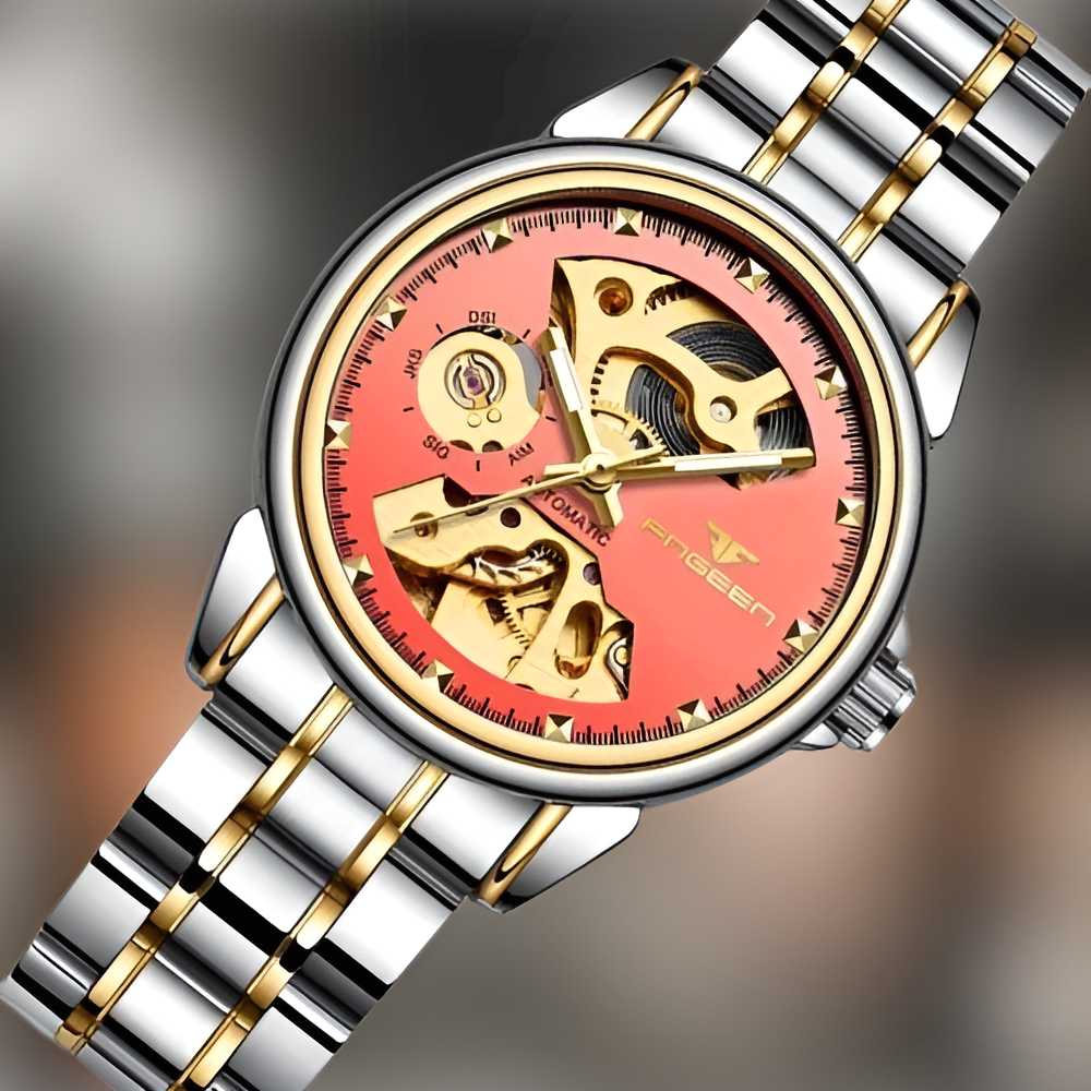 Montre Squelette Femme Maillons Acier Fond Rouge