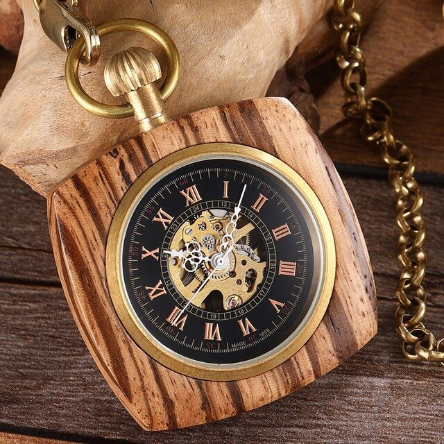 Montre de Poche Carrée en Bois - Montre Squelette